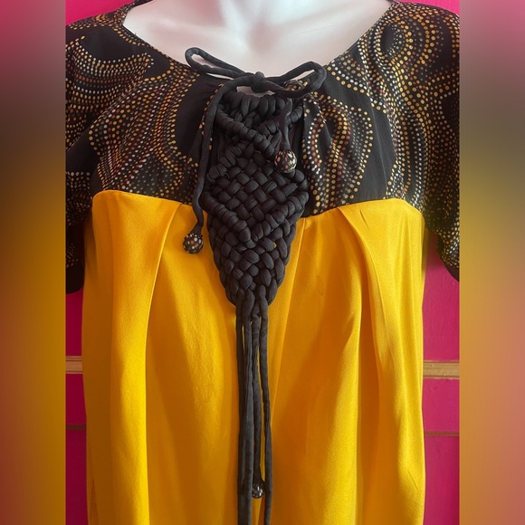 Vintage Ungaro Fuchsia yellow & black silk dress with macrame knot  size 10 - Picture 2 of 7